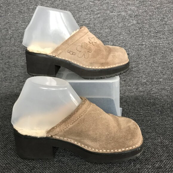 UGG Women's Solvang Tan Suede Slip On Shearling Clogs Chunky Block Heel Size 5 - Picture 3 of 8